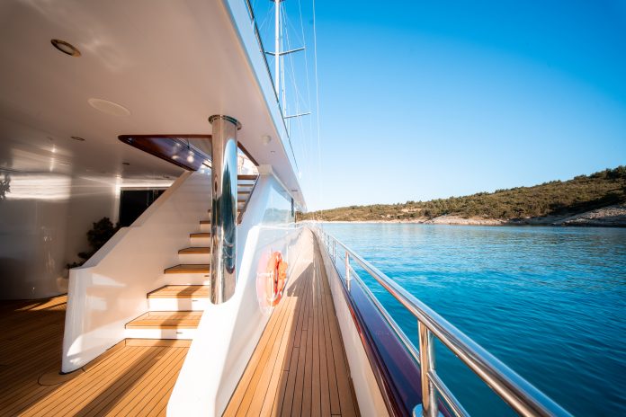31. NOCTURNO Stairs to sun deck Nocturno Yacht cruising at sunset on the Adriatic Sea near Dubrovnik