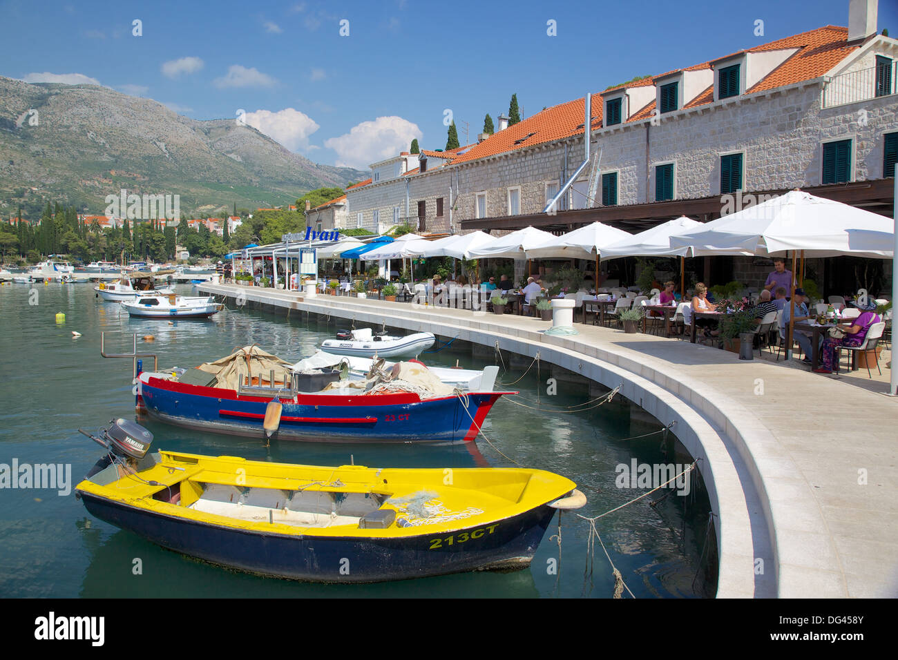 Harbourfront restaurants and evening lights in Cavtat
